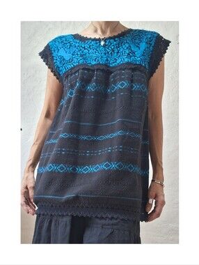 Vintage Mexican Huipil Blouse Oaxacan Hand Embroidered Manta Boho Indigo Black